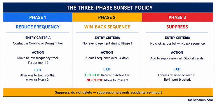 Email List Scrubbing - Three-Phase Sunset Policy Flow