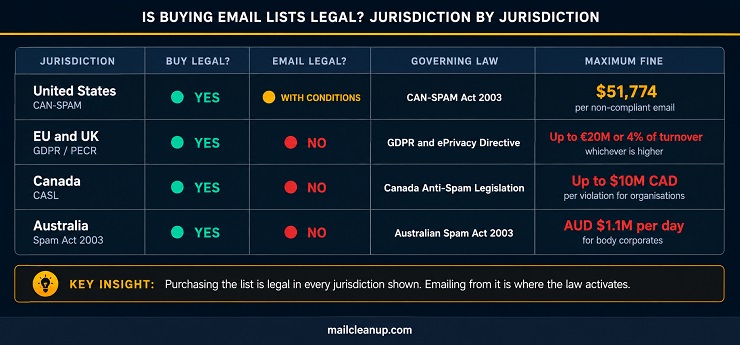 Buying Email Lists Legal Jurisdiction Comparison
