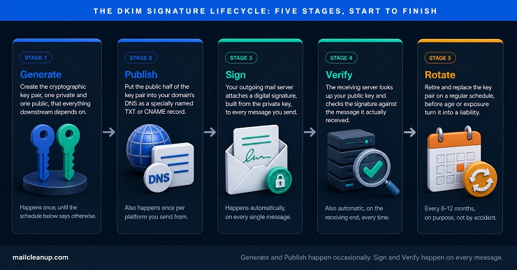 DKIM Signature Lifecycle Showing Five Sequential Stages
