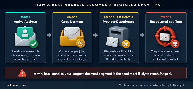 Four-Stage Timeline Showing How A Real Email Address Becomes A Recycled Spam Trap
