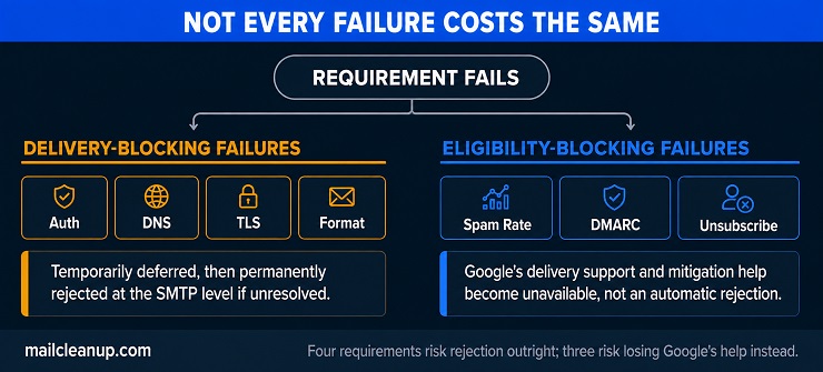 Branching Diagram Showing That A Failed Bulk Sender Requirement Splits Into Two Different Consequences