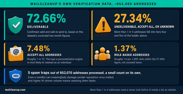 Breakdown Of MailCleanup's Own Email Verification Data Across Roughly 653,000 Addresses