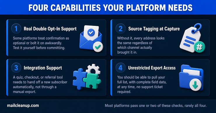 Checklist Diagram Of Four Platform Capabilities That Matter Specifically For Building An Email List