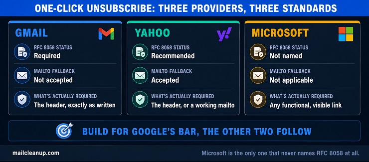 Comparison Cards Showing How Gmail, Yahoo And Microsoft Treat One-Click Unsubscribe