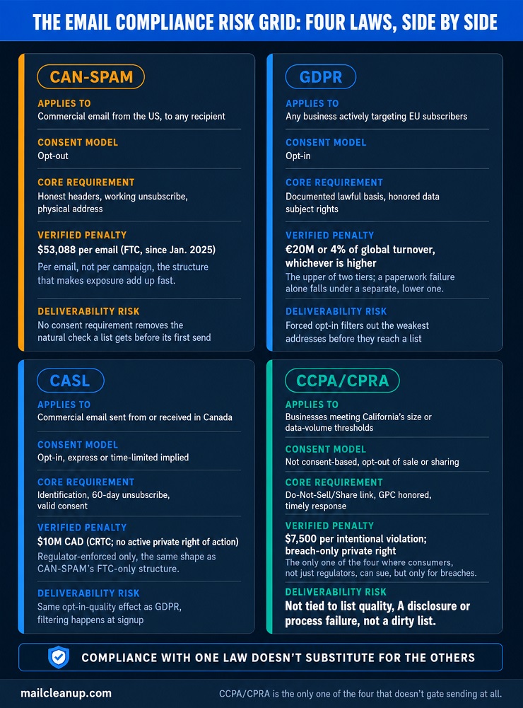 Comparison Grid Of CAN-SPAM, GDPR, CASL, And CCPA or CPRA Across Who Each Law Applies To