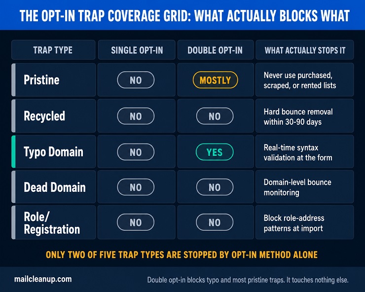 Grid Diagram Mapping Five Spam Trap Types Against Whether Single Opt-In And Double Opt-In Blocks Each One