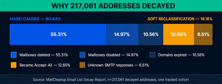 Horizontal Stacked Bar Chart Showing The Five Reasons Behind MailCleanup's Decayed Addresses