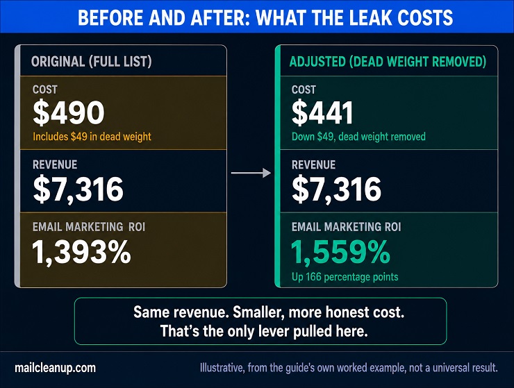 Before And After Comparison Of The Worked Email Marketing ROI Example Including The Leak