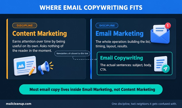 Diagram Showing Email Copywriting As A Subset Of Email Marketing, Distinct From Content Marketing