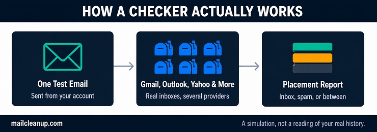 Three-Step Flow Diagram Showing How A Deliverability Score Checker Works